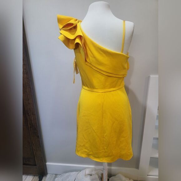 Mac Duggal ONE SHOULDER RUFFLE MINI DRESS NWOT size 12 Lemon Yellow (55286) - Picture 5 of 6